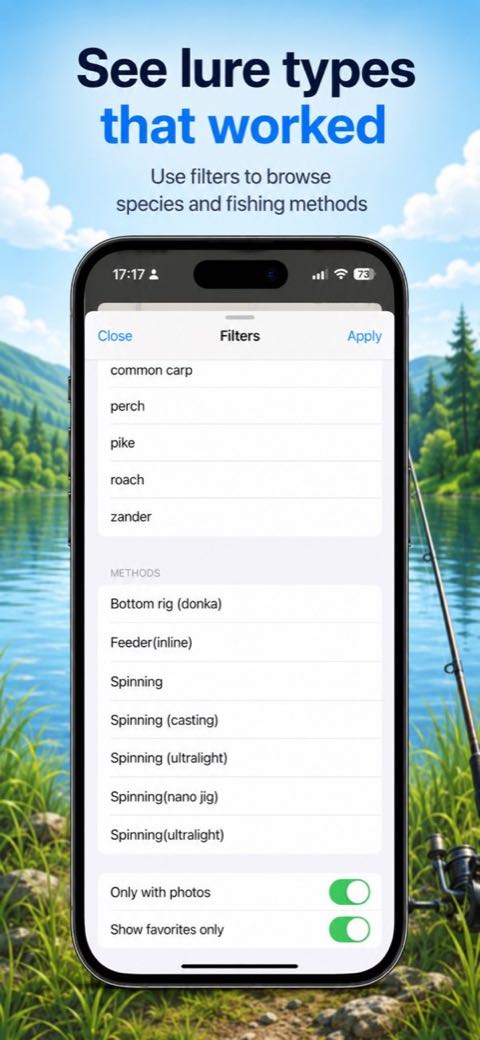 GetCatch app screen: Filters by species and method