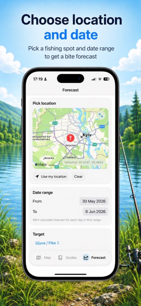 GetCatch app screen: Pick location and dates