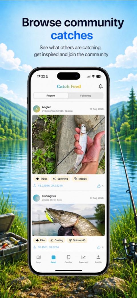 GetCatch app screen: Community catch feed
